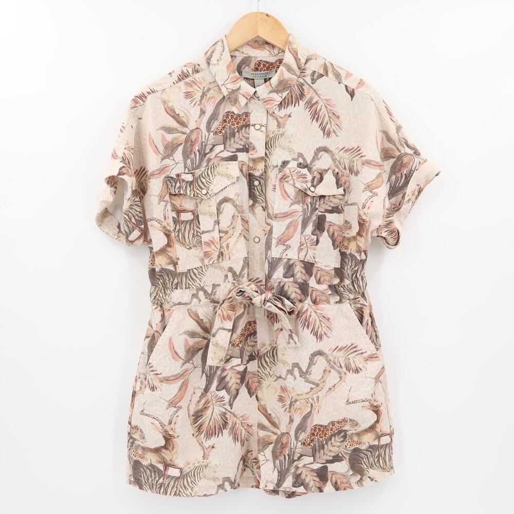 All Saints Women's Lily Ukushisa Animal Print Romper Snap Button Front Sz 8